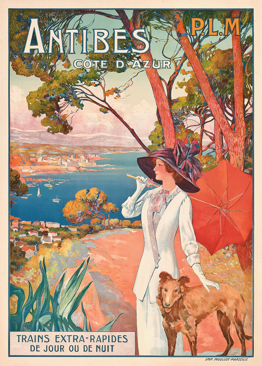 The Antibes Cote dAzur Poster showcases a vintage image of a woman with a red parasol and her dog, enjoying the coastal view framed by trees. It emphasizes the fast train service available day or night.