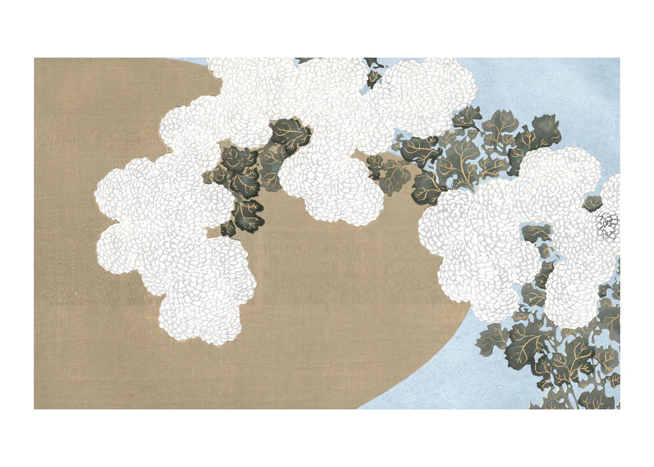 A poster featuring a traditional Japanese woodblock print-style design with white chrysanthemums against a beige and grey background.
