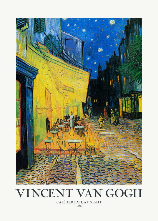 The Café Terrace at Night by Vincent van Gogh Poster beautifully depicts people enjoying a cozy evening beneath a yellow awning on an Arles cobblestone street, with buildings framing a starry blue sky.
