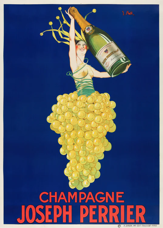 A striking blue backdrop features a vintage Art Deco poster of a woman in grape attire, holding a Champagne Joseph Perrier bottle overhead, with text proclaiming Champagne Joseph Perrier at the bottom.