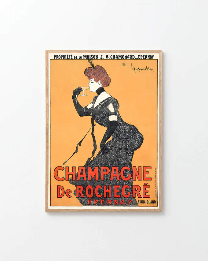 The Champagne de Rochegré Poster by Leonetto Cappiello features a woman in a black dress sipping champagne against an orange backdrop, with the text Champagne De Rochegre Epernay highlighting its origin, quality, and Art Deco elegance.