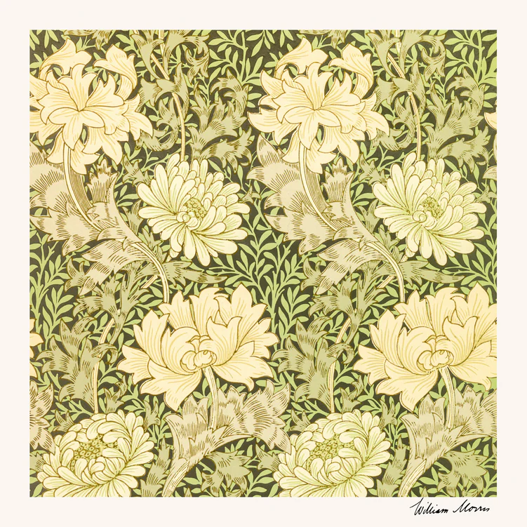The Chrysanthemum Pattern by William Morris Poster features a vintage floral design with large, cream chrysanthemums and leafy stems on a green background, capturing the essence of Morriss iconic style.