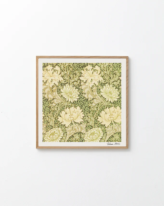A Chrysanthemum Pattern by William Morris poster, adorned with vintage-style floral patterns, displays cream chrysanthemum flowers and green leaves on a white wall.