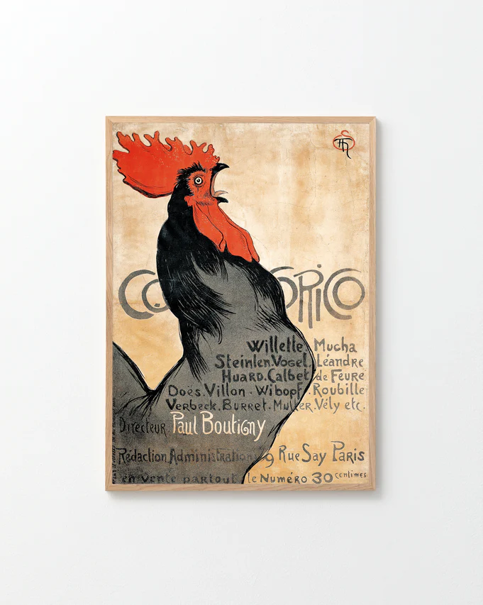 The Cocorico by Théophile-Alexandre Steinlen poster features a stylized black rooster with a vivid red comb on a beige background. It includes ornate lettering with Cosmospolitique and names, signed by Paul Bouligny, echoing French Art Deco elegance, with an address in Paris.