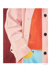 A poster featuring an oil painting with a pink coat on a red background with a hint of blue jeans.