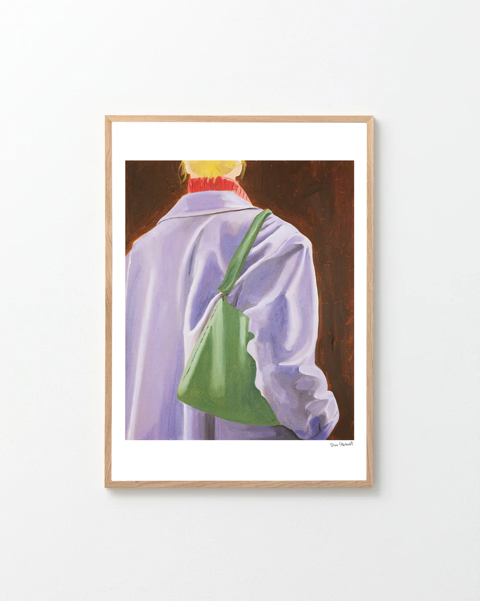 Framed artwork of a person with a green bag on a white background.