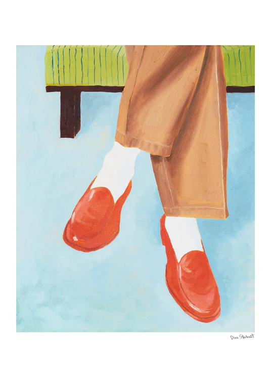 A poster featuring a painting of a person's legs wearing brown trousers and red shoes, with a blue and green background.