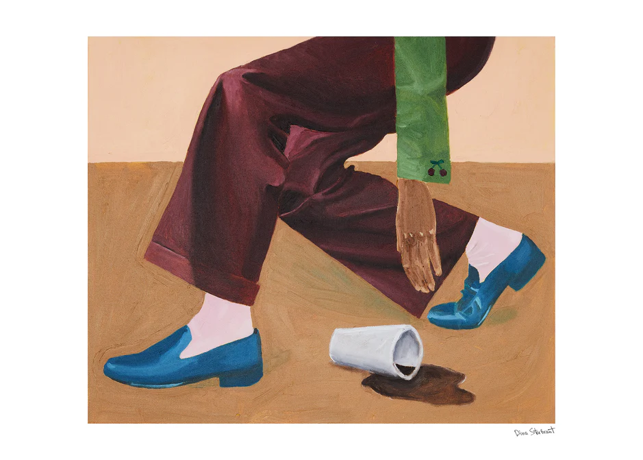 A poster depicting a spills coffee cup on a floor, with the coffee stain extending towards a person's blue shoe and brown trousers. The scene is set against a beige background.