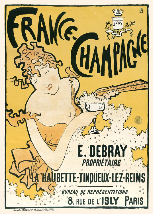 The France-Champagne Poster is a vintage wall art piece showcasing Art Nouveau influences, with a stylish illustration of a woman pouring champagne into a glass, complete with decorative elements and stylized text.