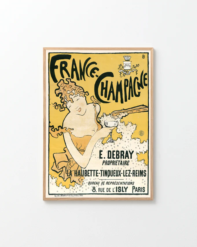 The France-Champagne Poster is a vintage Art Nouveau piece featuring a woman with a flute of French champagne. Highlighting E. Debray, proprietor, it showcases a whimsical style with a yellow and cream color scheme and includes an address in Paris.