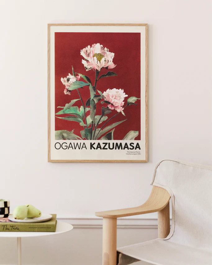 The framed Herbaceous Peony No2 by Ogawa Kazumasa poster, set against a red background, brings Japanese elegance to a cream wall. A light wood chair enhances the look, while a small table nearby holds a book and two green pears.