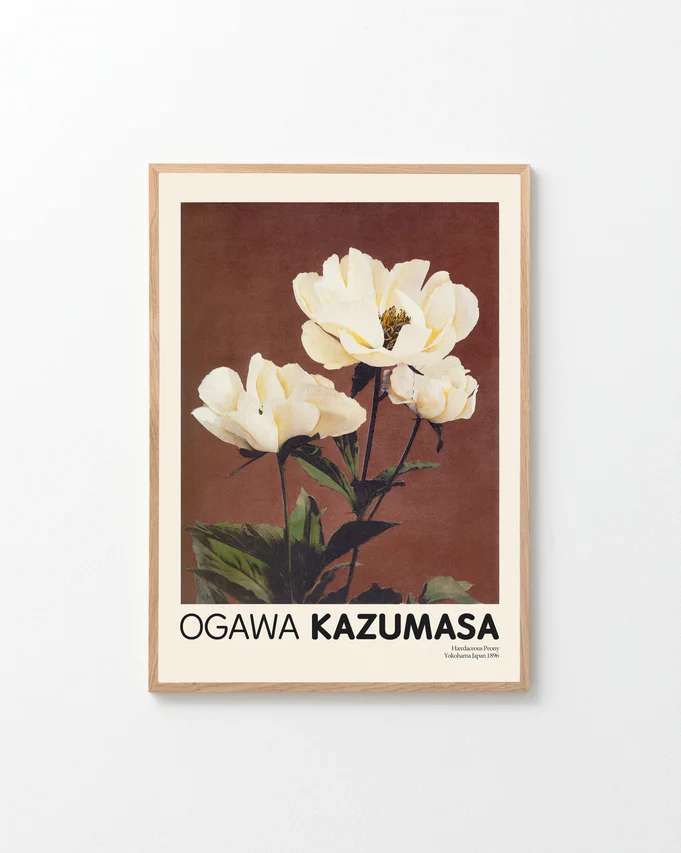 This framed poster showcases Ogawa Kazumasas Japanese elegance with pale yellow peonies against a dark brown backdrop.