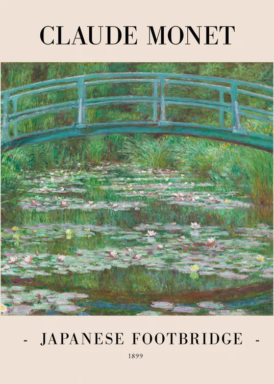 The Japanese Footbridge by Claude Monet 1899 Poster is an Impressionism art print showcasing a serene green wooden bridge over a pond of water lilies, surrounded by lush greenery.