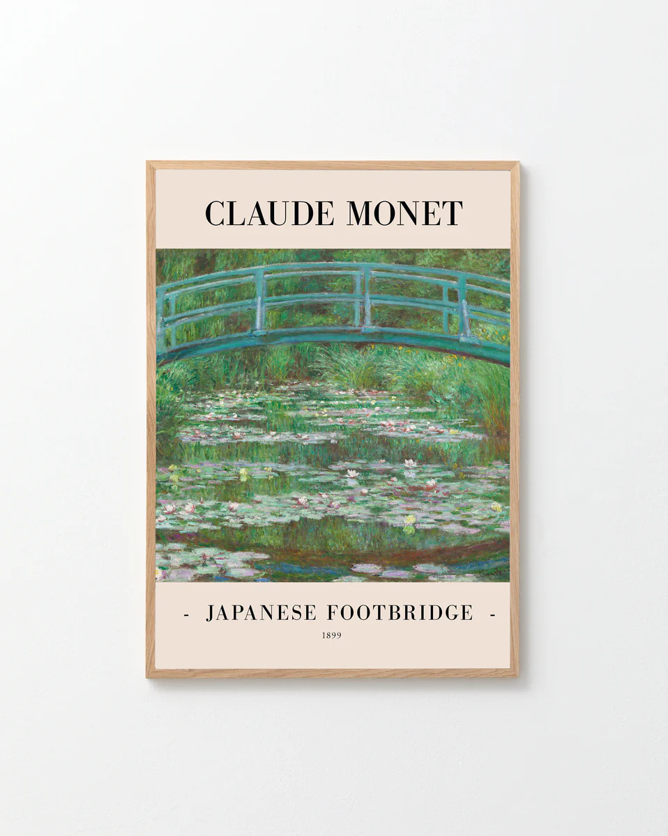 The Japanese Footbridge by Claude Monet 1899 Poster showcases an Impressionist scene with a wooden bridge over a lily pond, capturing serenity. Monet’s name and the artwork title are elegantly displayed above and below.