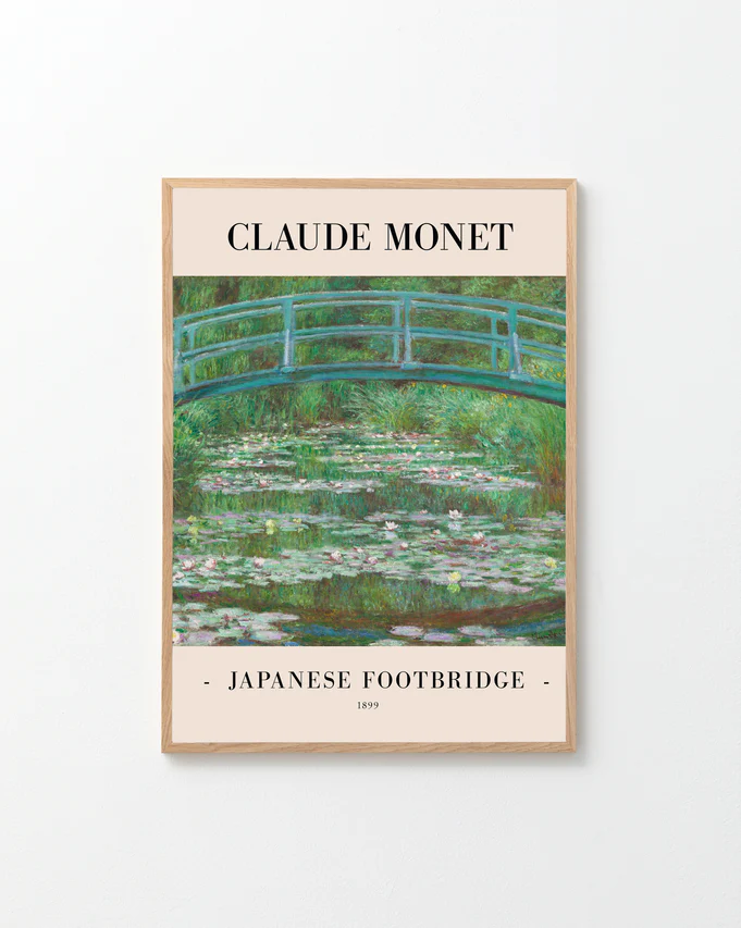 The Japanese Footbridge by Claude Monet 1899 Poster showcases an Impressionist scene with a wooden bridge over a lily pond, capturing serenity. Monet’s name and the artwork title are elegantly displayed above and below.