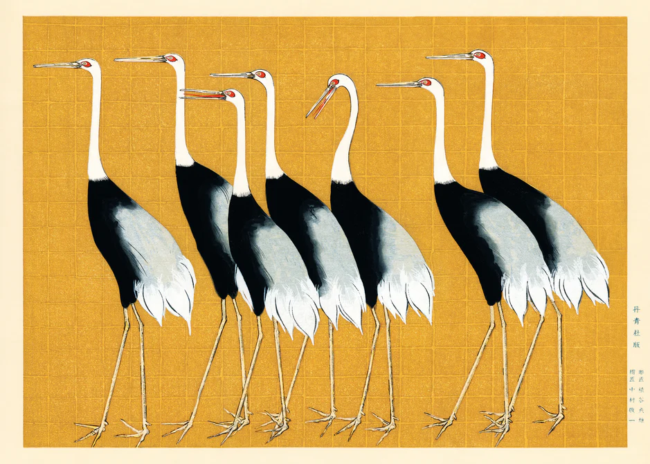 The Japanese Red Crown Cranes by Ogata Korin poster beautifully decorates your wall with six elegant cranes. They stand against a rich golden background, their detailed black and white feathers contrasting gracefully, complemented by Japanese characters in the corner.