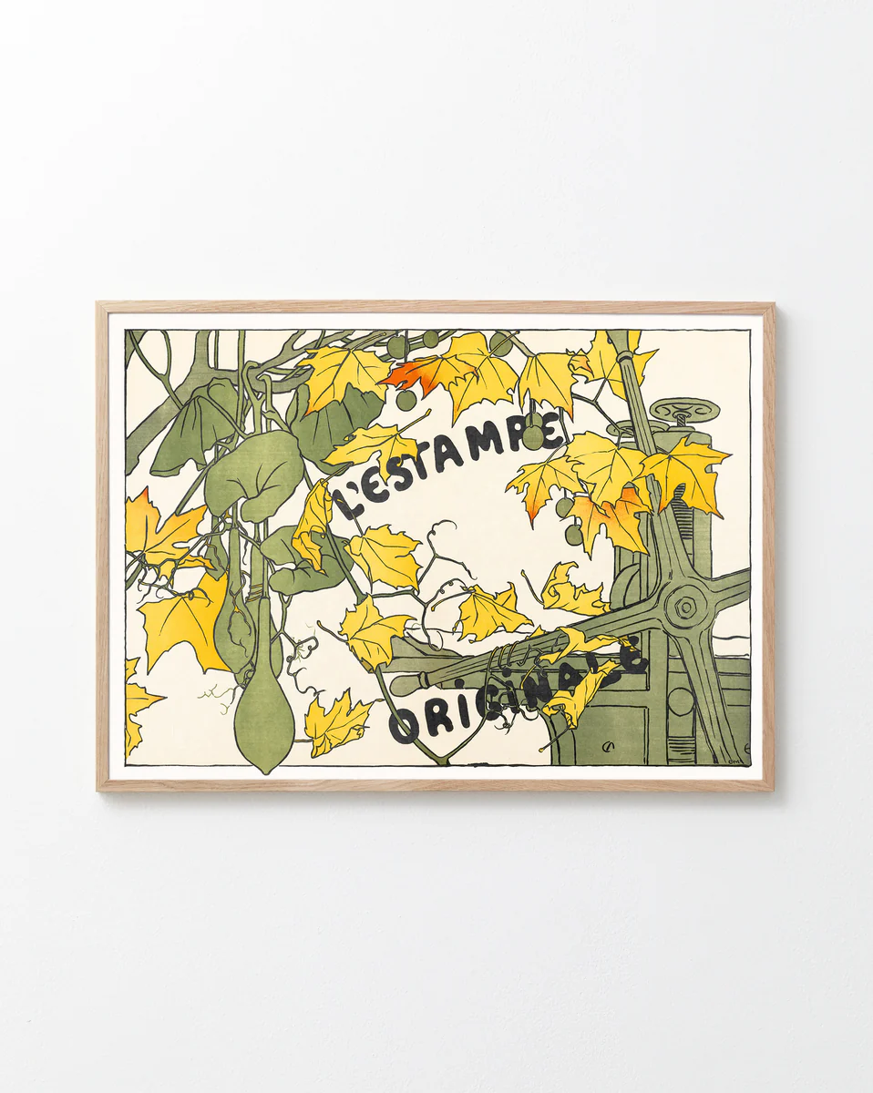 Framed artwork with a design of a bicycle and leaves on a white background