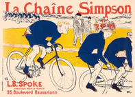 A vintage poster featuring a colorful illustration of two cyclists racing, with bold blue and yellow hues on a light background, advertising 'La Chaïne Simpson' bicycle chain.