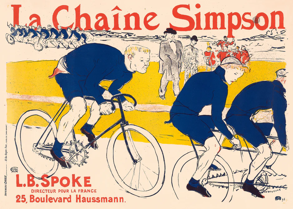 A vintage poster featuring a colorful illustration of two cyclists racing, with bold blue and yellow hues on a light background, advertising 'La Chaïne Simpson' bicycle chain.