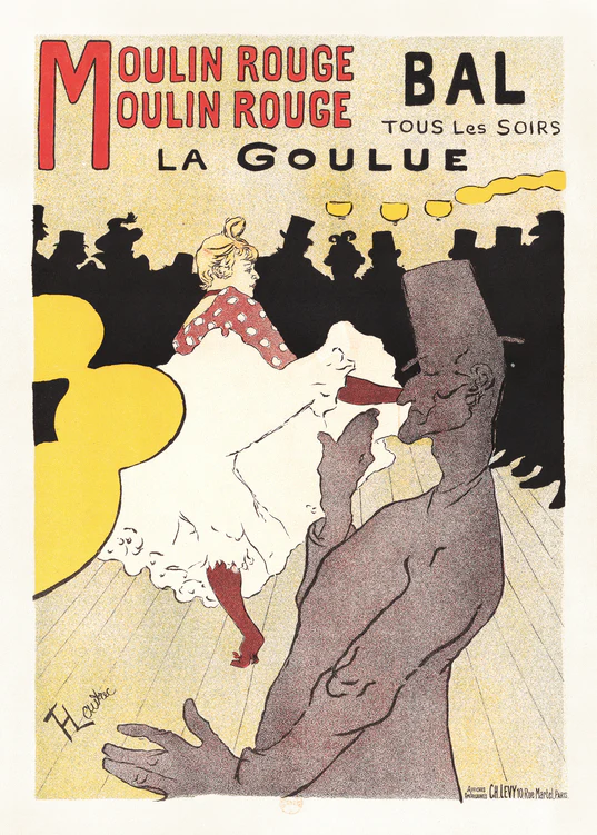 The La Goulue by Henri de Toulouse-Lautrec Poster depicts a vibrant vintage Moulin Rouge 1898 scene, showcasing dancer La Goulue in a white dress with red polka dots. The silhouetted audience is captivated while bold red and black text promotes nightly shows, masterfully crafted by Toulouse-Lautrec.