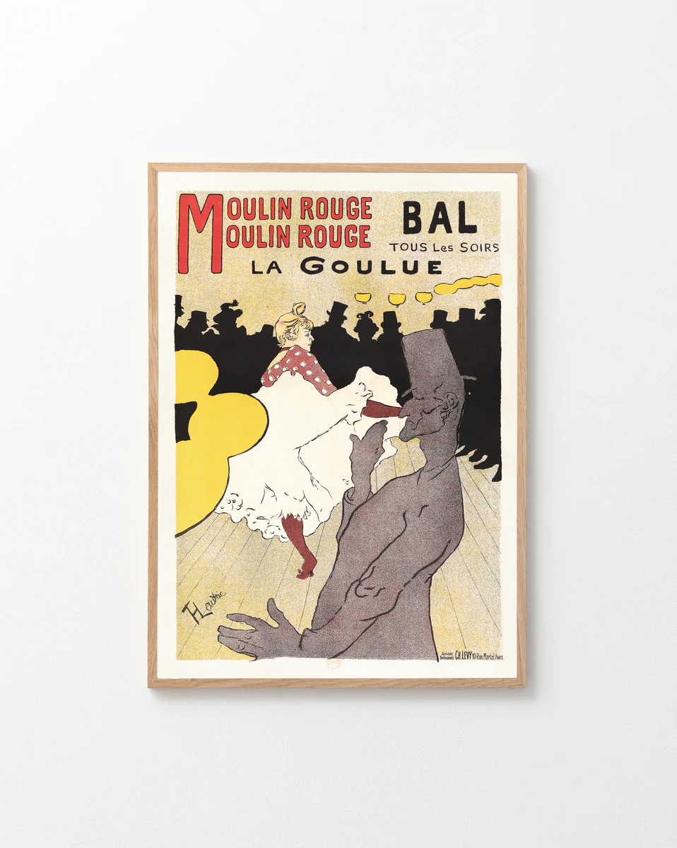The La Goulue by Henri de Toulouse-Lautrec Poster depicts a dancer in a white dress and red stockings on the vibrant Moulin Rouge stage, capturing the whimsical illustration style and timeless charm.