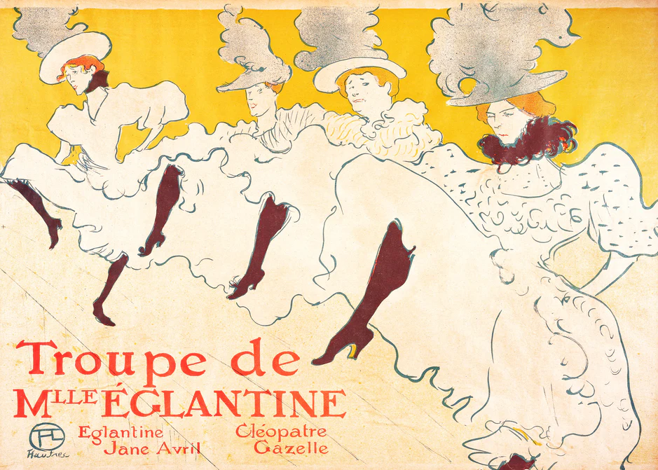 With its yellow and red cover, the captivating La Troupe de Mademoiselle Eglantine poster by Henri de Toulouse-Lautrec captures a group of women dancing, echoing the vibrant energy of Belle Époque wall art.