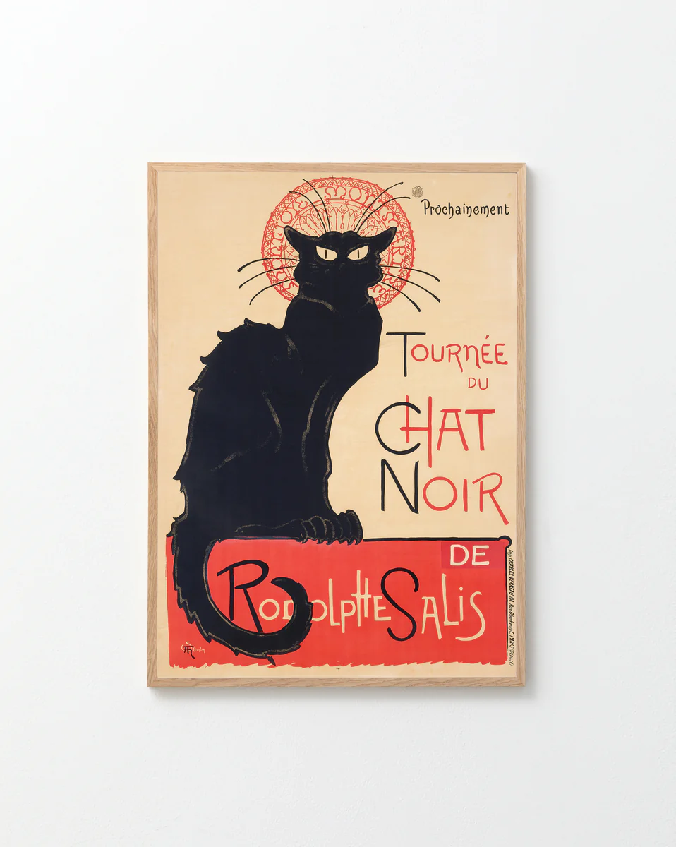 The Le Chat Noir by Théophile-Alexandre Steinlen Poster showcases a black cat on a vintage-inspired yellowed background, featuring bold text Tournée du Chat Noir de Rodolphe Salis and a decorative red backdrop highlighting Parisian chic.