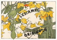A vintage poster featuring Art Nouveau style with autumn leaves, an antique printing press, and the text 'L'ESTAMPE ORIGINALE'.