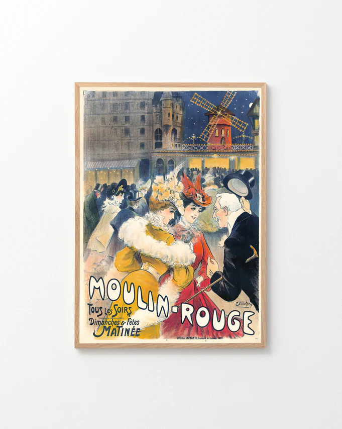 The Moulin Rouge by E. Villefroy 1900 Poster captures the allure of a Belle Époque Parisian nightclub, featuring people in period clothing with windmills and buildings in the background, and bold text announcing: Moulin Rouge.