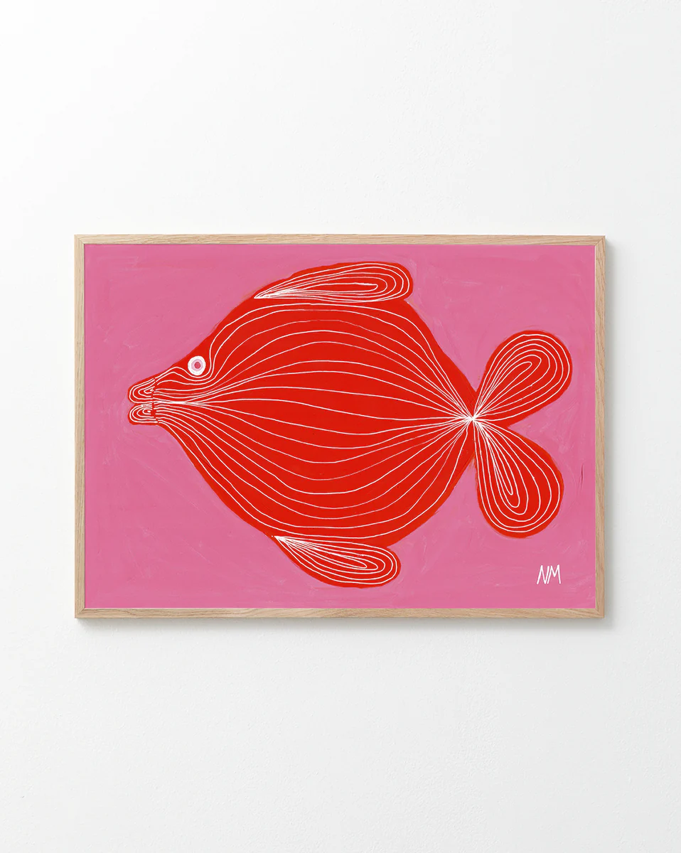 Poster of a painted red fish in a oak frame