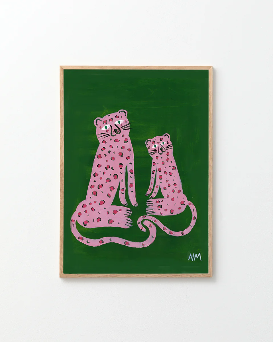 poster with two painted pink leopards, in a oak frame