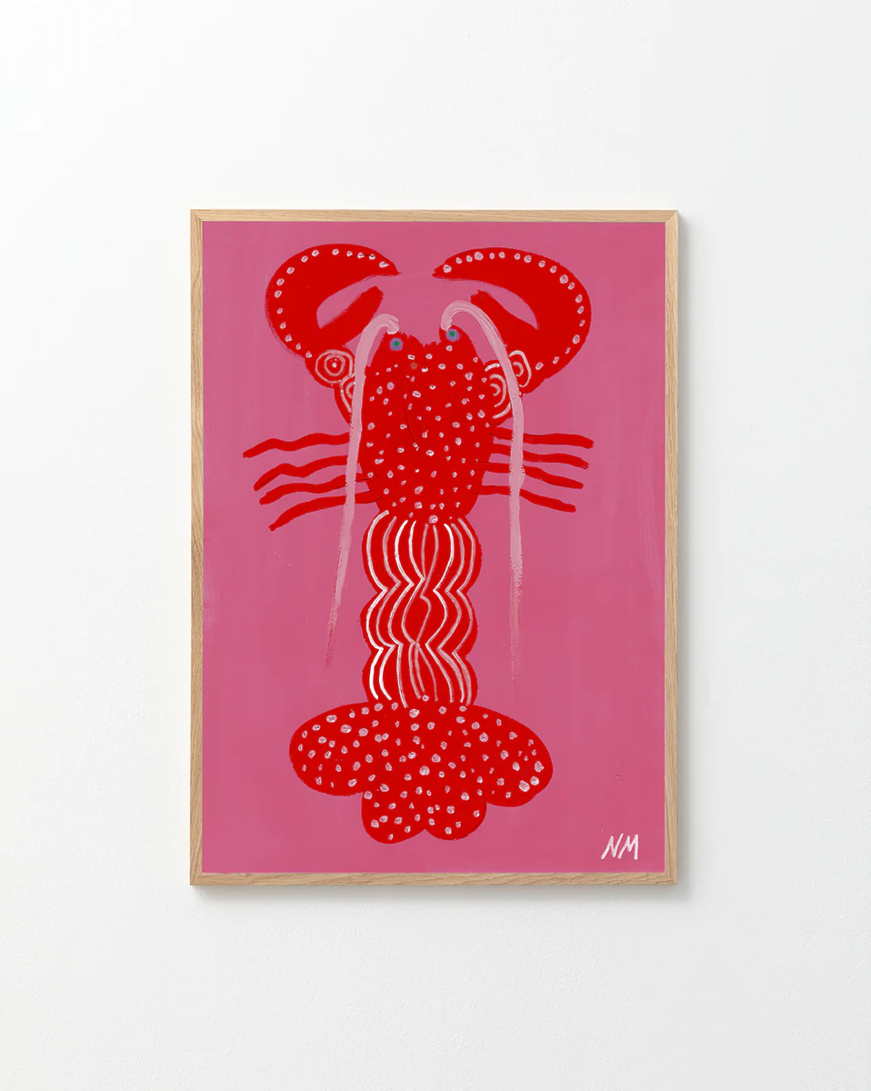 "Lobster in Pink Dreams Poster" with a oak frame