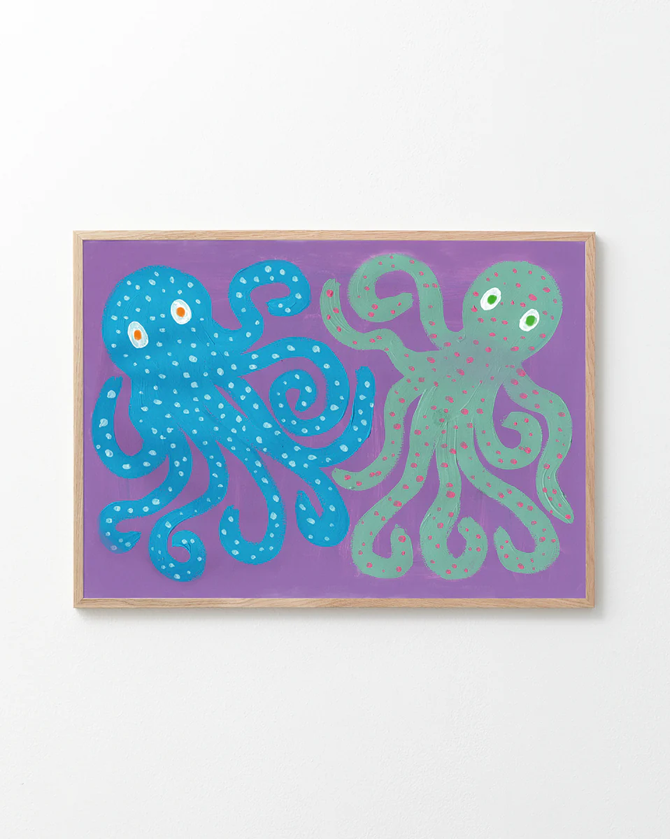 poster of octopuses in a oak frame