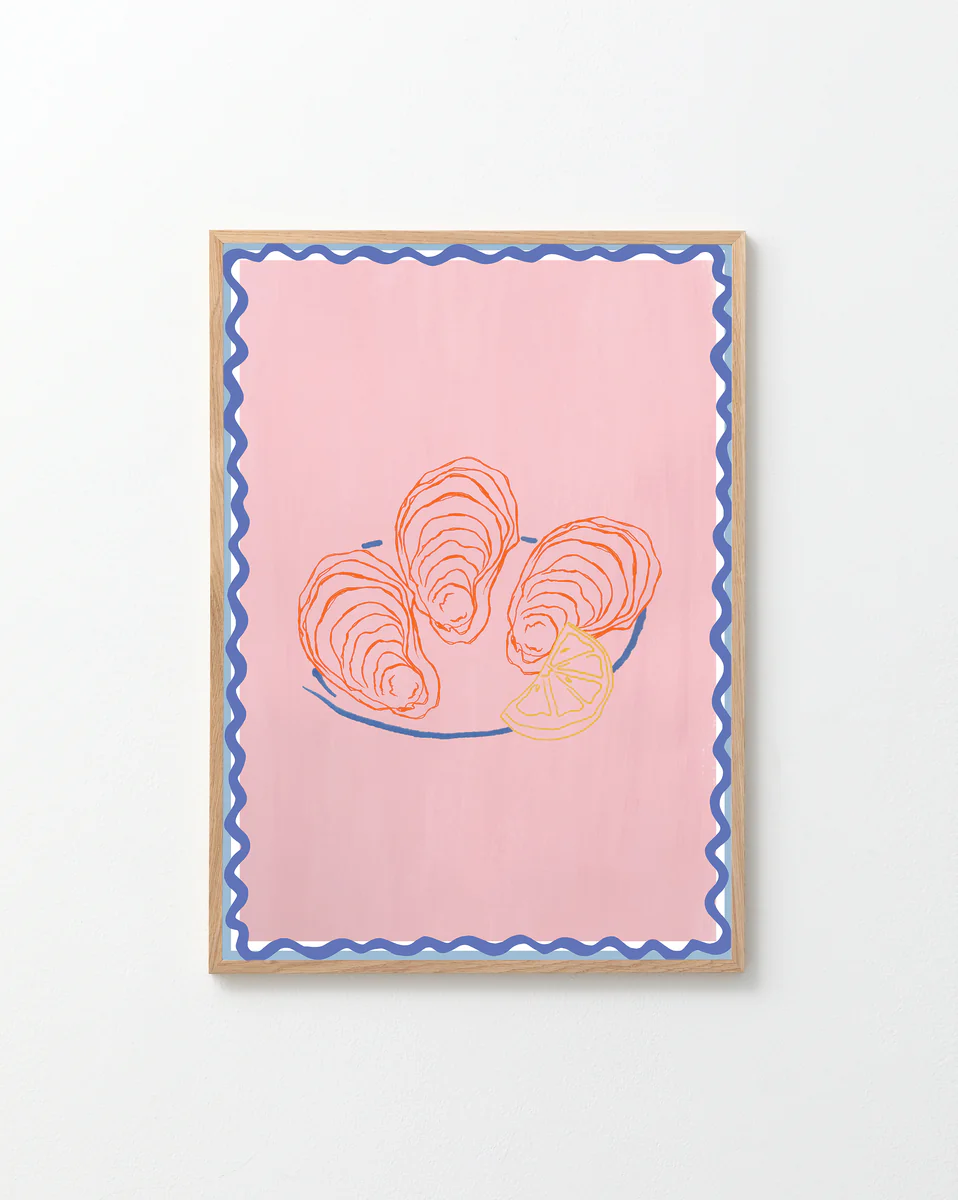 The Plateau dhuîtres Poster features a collage of three oysters and a lemon slice on a platter against a pink background, framed with a blue wavy border.