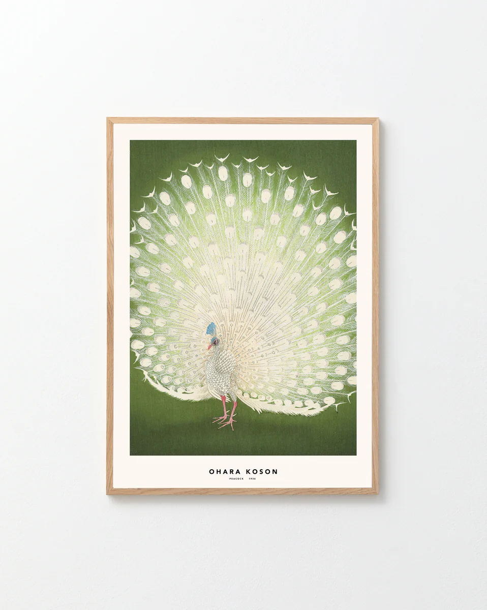 Framed artwork of a peacock with a green background