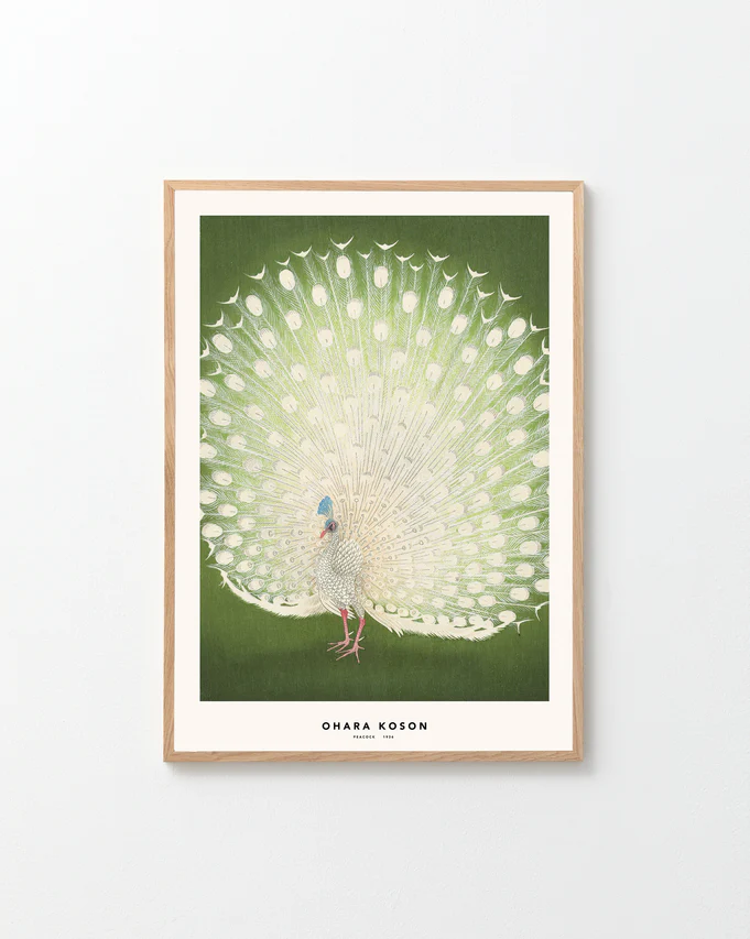 Framed artwork of a peacock with a green background