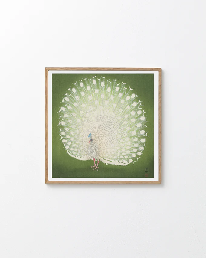 Framed artwork of a peacock with a green background
