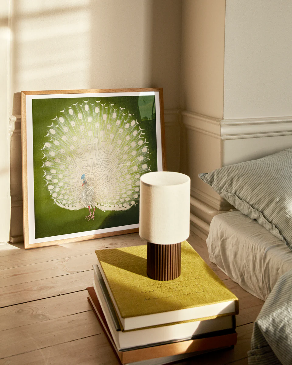 Framed peacock feather art on a wooden floor with a lamp and books.