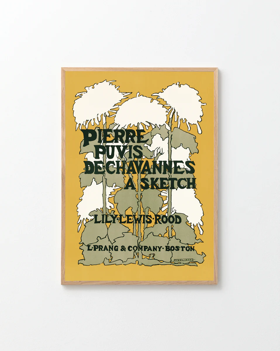 Framed Pierre Puvis de Chavannes poster with an Art Nouveau design showcasing white floral shapes on a yellow background. Text includes: A Sketch by Lily Levis Rood, L. Prang & Co., Boston.