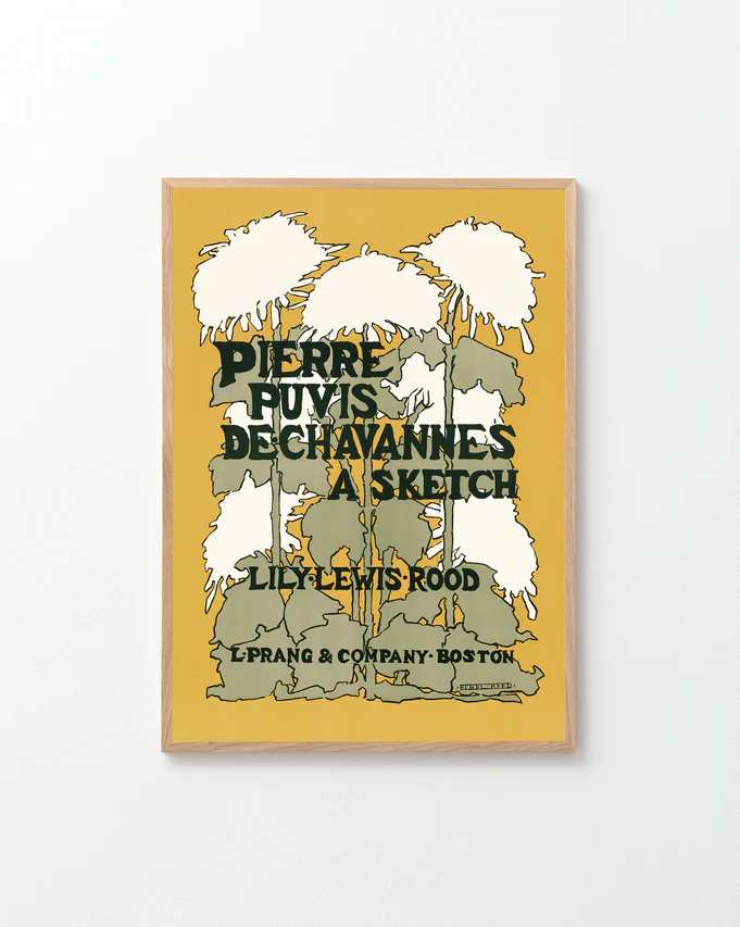 Framed Pierre Puvis de Chavannes poster with an Art Nouveau design showcasing white floral shapes on a yellow background. Text includes: A Sketch by Lily Levis Rood, L. Prang & Co., Boston.