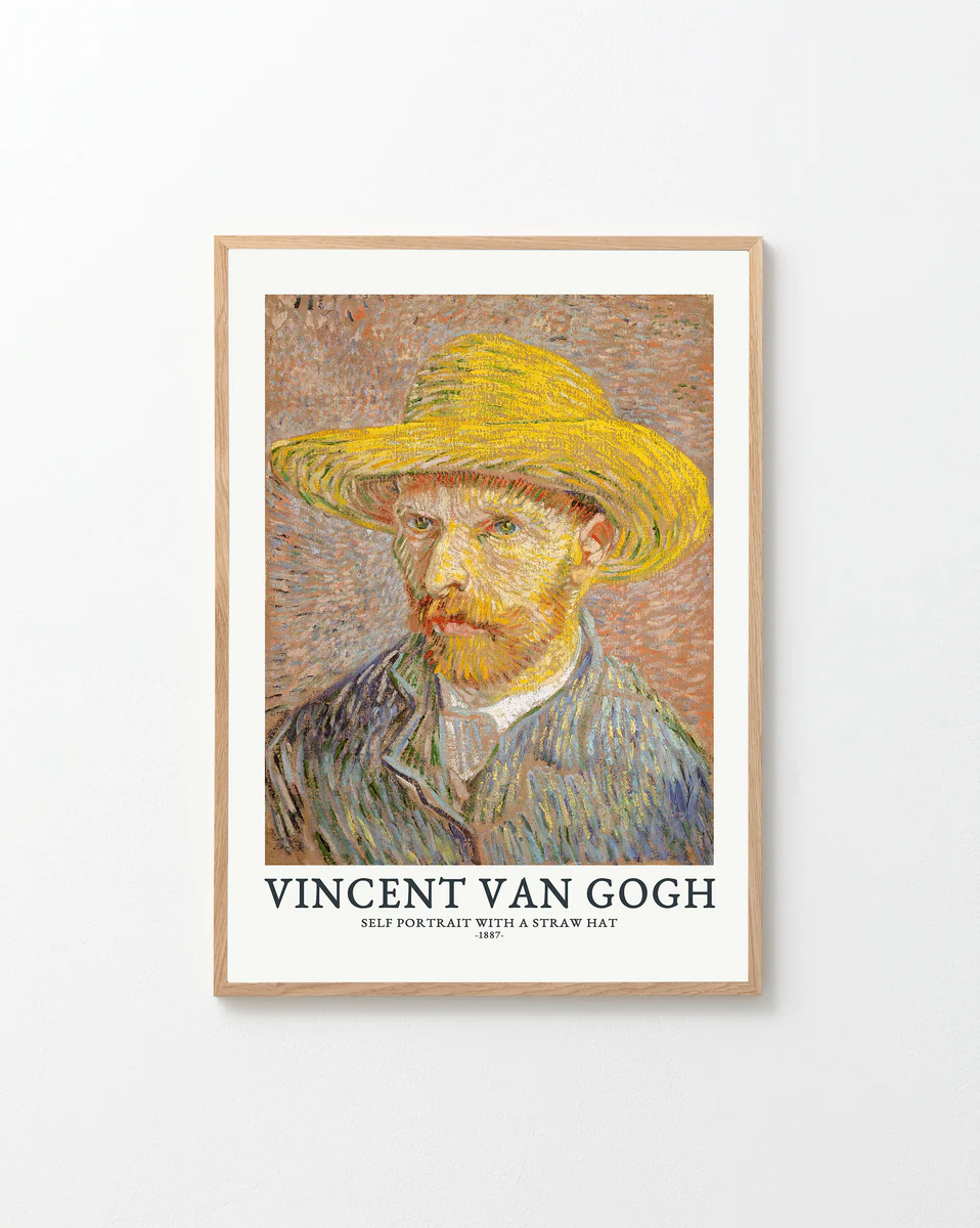 Framed artwork of Vincent van Gogh's 'Self-Portrait with a Straw Hat' on a white background