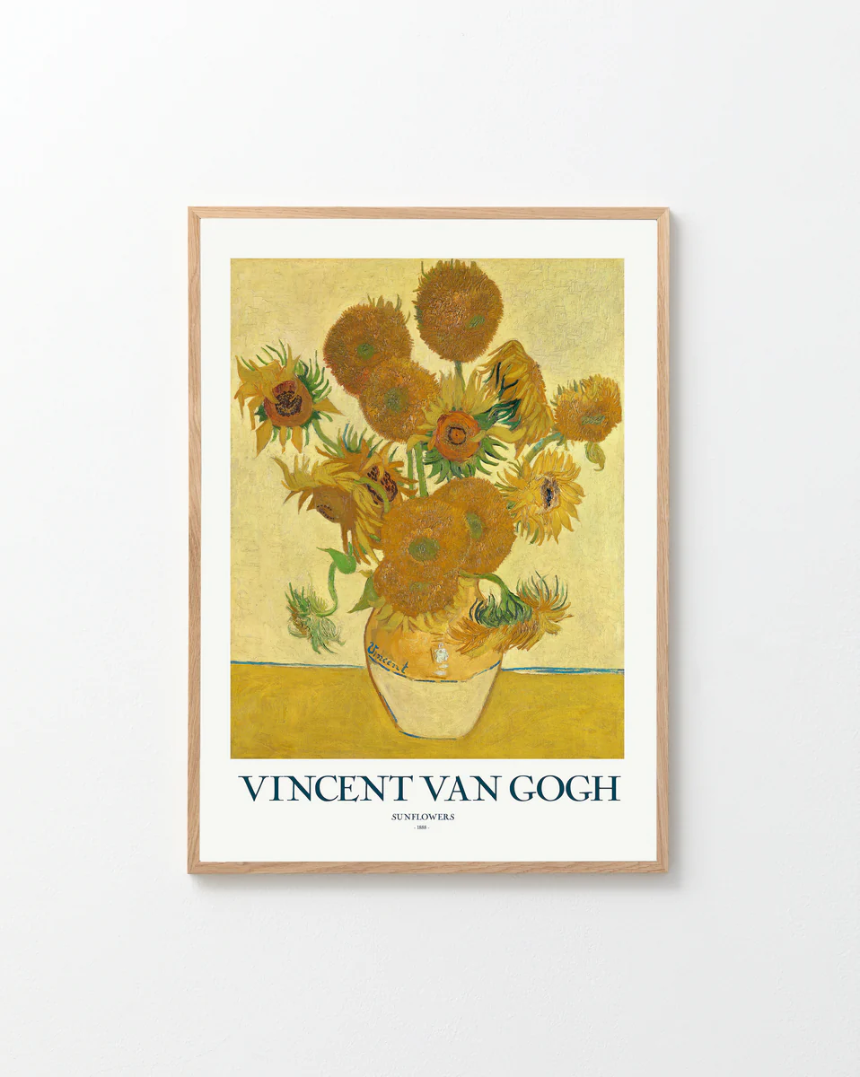 The Sunflowers by Vincent van Gogh Poster showcases the iconic yellow blooms in a vase on a light background. Ideal for home decor, it comes framed and displays the artists name below.