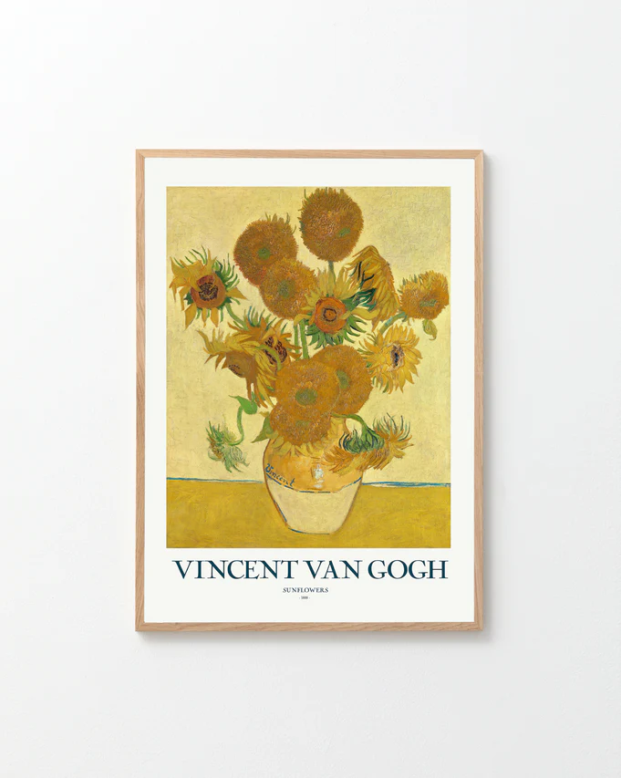 The Sunflowers by Vincent van Gogh Poster showcases the iconic yellow blooms in a vase on a light background. Ideal for home decor, it comes framed and displays the artists name below.