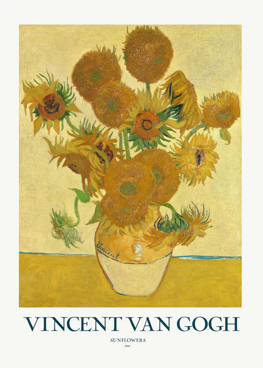 The Sunflowers by Vincent van Gogh poster features vibrant sunflowers in a vase against a yellow background, mirroring the lush green leaves and bright blooms of the 1888 masterpiece, perfect for enhancing your home decor.