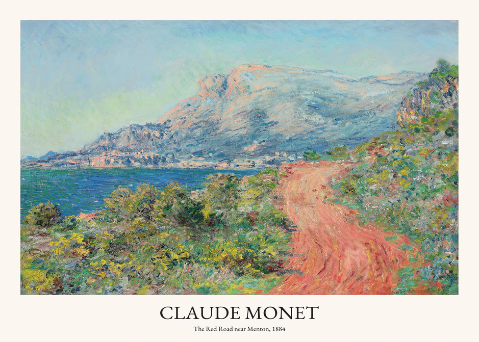 A colorful painting by Claude Monet, titled The Corniche of Monaco, captures Impressionist elegance. It depicts a red dirt path weaving through vibrant green scenery on the French Riviera, with the blue sea and rugged mountains in the background under a cloudy sky.