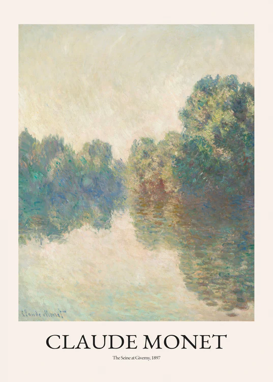 Claude Monets The Seine at Giverny art poster beautifully depicts a serene river scene with lush trees reflecting in the water, highlighting his exceptional use of light and color to evoke the tranquil French countryside.