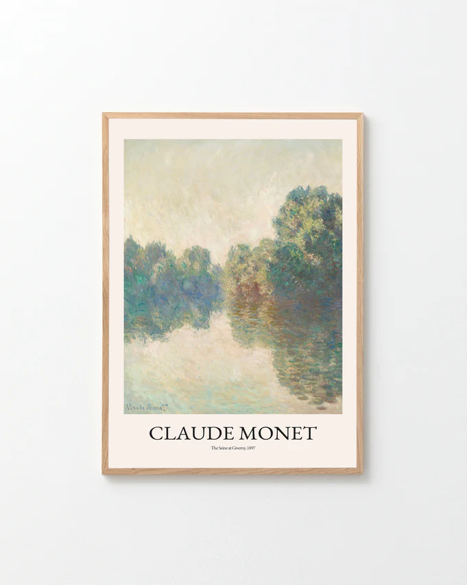 The poster titled The Seine at Giverny by Claude Monet features a serene river landscape with reflections and lush green trees, set against a plain white background.