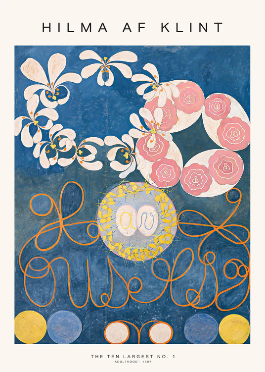 A poster featuring Hilma af Klint's artwork with blue background, floral patterns, and abstract elements in pink and yellow.