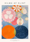 A poster featuring abstract artwork with circular and floral motifs in pink, orange, blue, and white colors, with the text 'HILMA AF KLINT' and 'THE TEN LARGEST NO. 2' printed at the top.