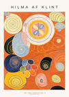 A vibrant poster featuring abstract patterns and colorful circles in orange, yellow, blue, and pink on a red background, with the text 'HILMA AF KLINT' and 'THE TEN LARGEST NO. 3' at the top.